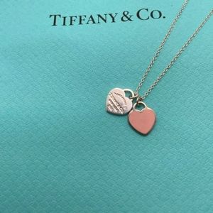 Tiffany & Co. Return to Mini Double Heart Pendant Necklace Enamel Pink